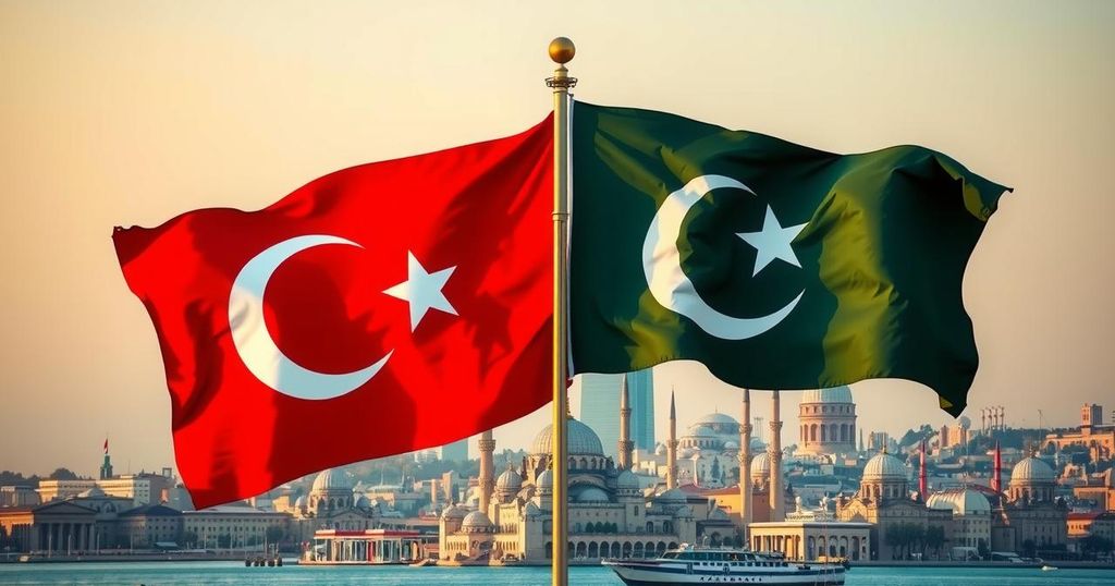 Turkish and Pakistani flags intertwined against a backdrop of Istanbul skyline, representing diplomacy and cooperation