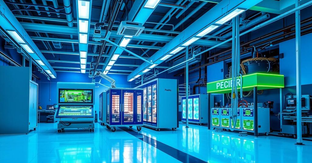 Futuristic semiconductor manufacturing facility with advanced machinery; sleek design and vibrant blue and green colors.