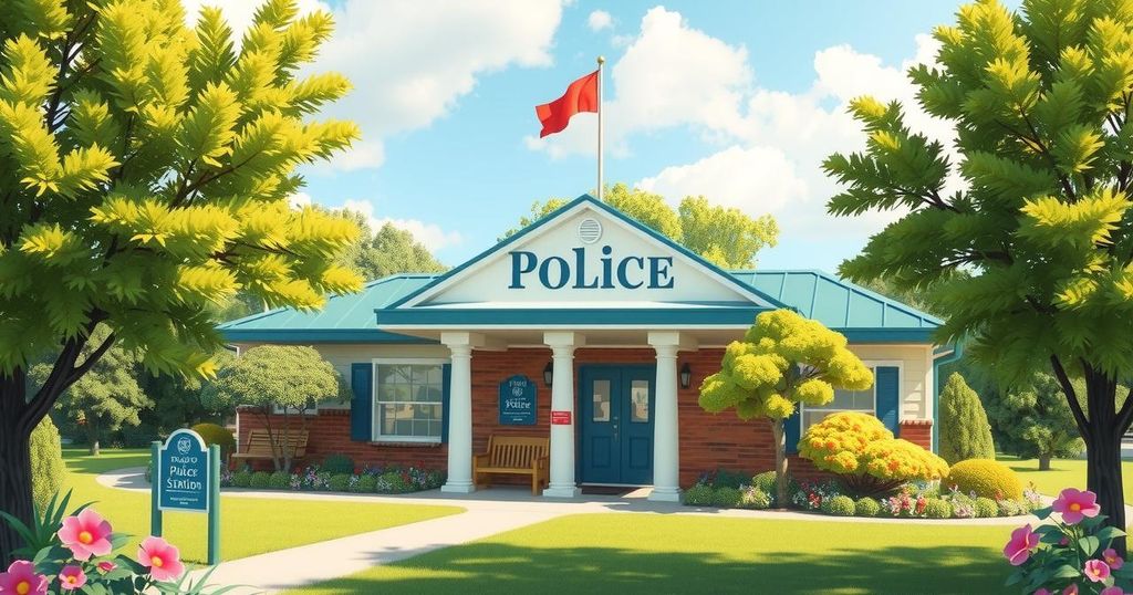 A serene police station in a tranquil setting, surrounded by lush greenery, depicting a calm atmosphere of surrender.