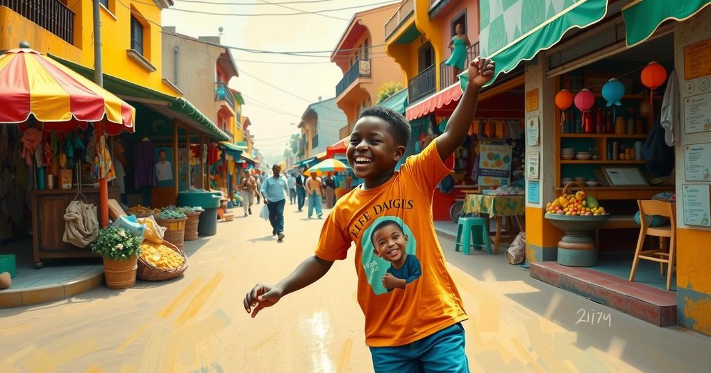A serene Lagos landscape with boys exploring a vibrant city, reflecting unity and family bonds amidst change.