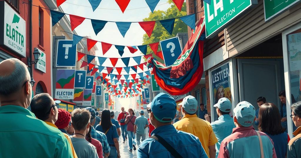 A colorful and lively street scene showcasing political activity and community interactions before elections.
