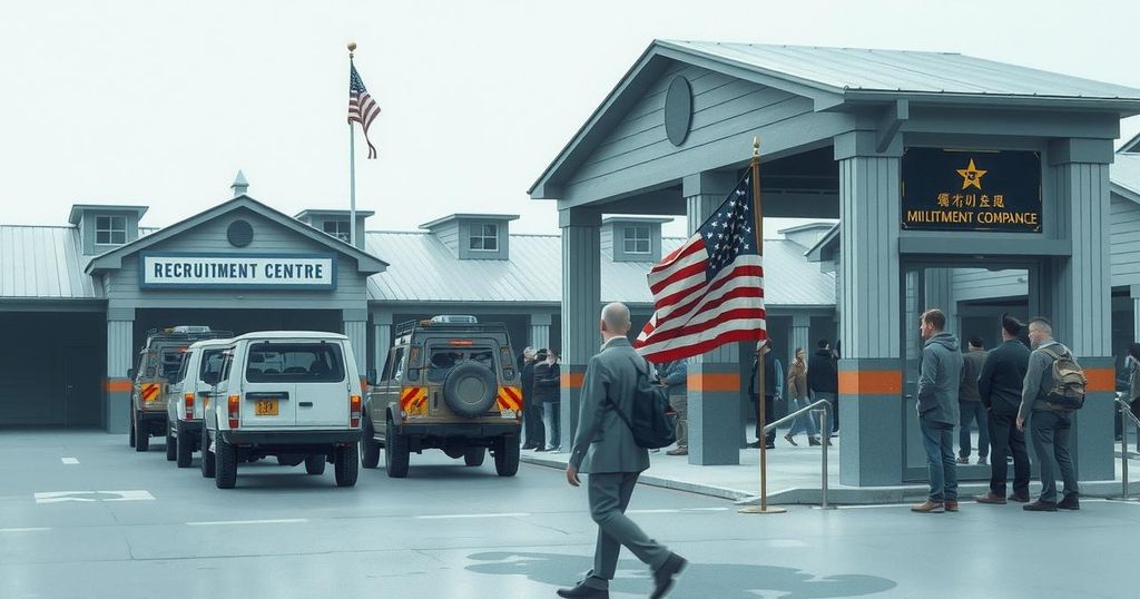 A scene depicting a somber military recruitment line in muted colors, reflecting tension and seriousness, in watercolor style.