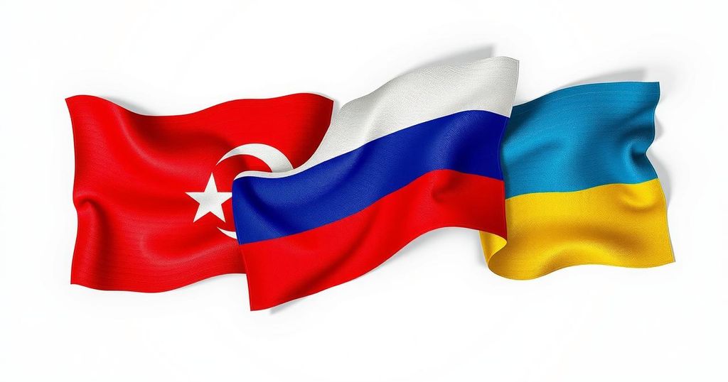 An abstract depiction of contrasting flags representing Turkiye, Russia, and Ukraine, symbolizing diplomacy and negotiation.