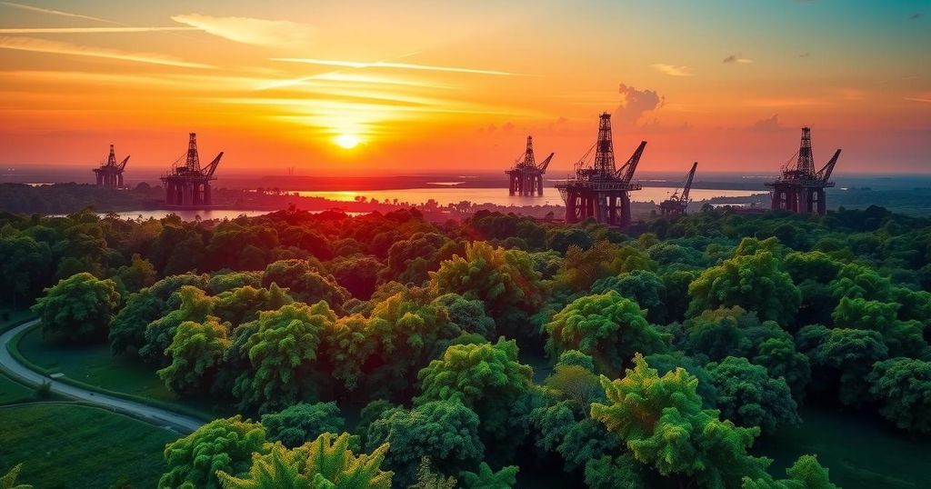 A scenic landscape of Suriname showcasing lush forests and offshore oil rigs under a bright sunset sky.
