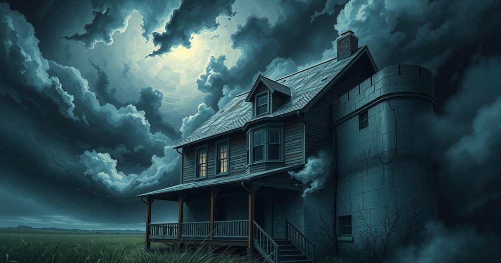 A depiction of a home under a dramatic sky, reflecting tension with dark hues, inspired by expressionist art style.