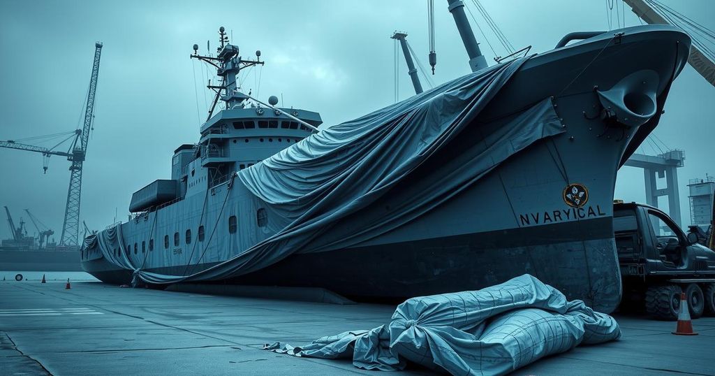 A naval ship on its side at a shipyard, covered with blue tarpaulins, showcasing a scene of mishap and unrest.