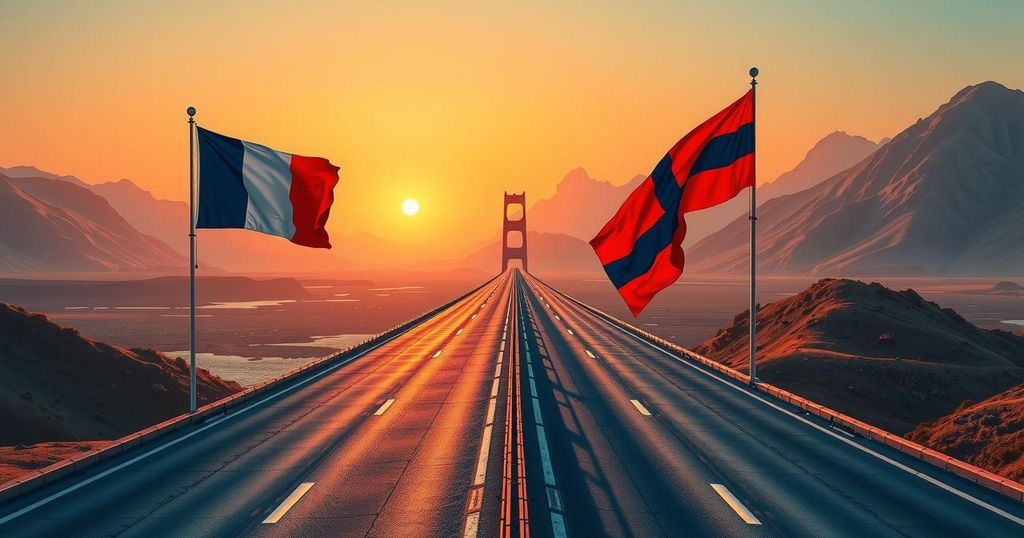 A border crossing scene with two international flags and a bridge connecting two landscapes at sunset.