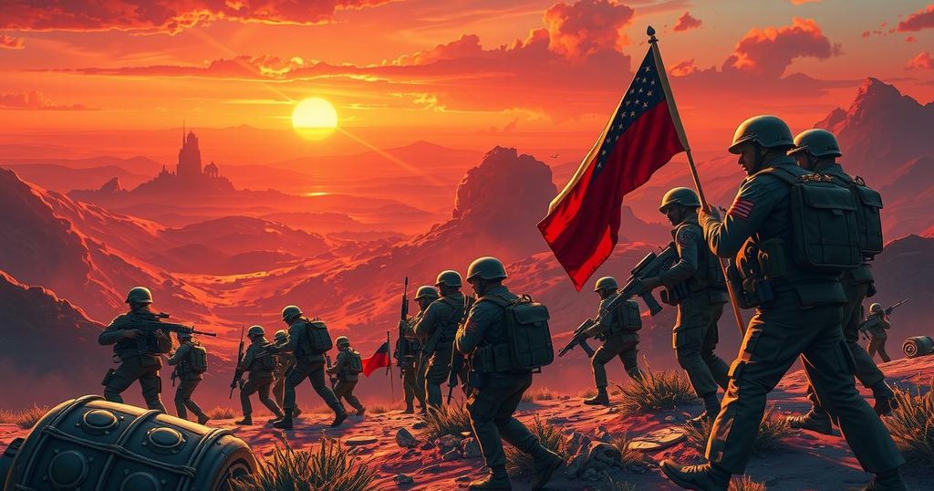 Illustration depicting a determined army in a landscape ready for battle, showcasing military precision.