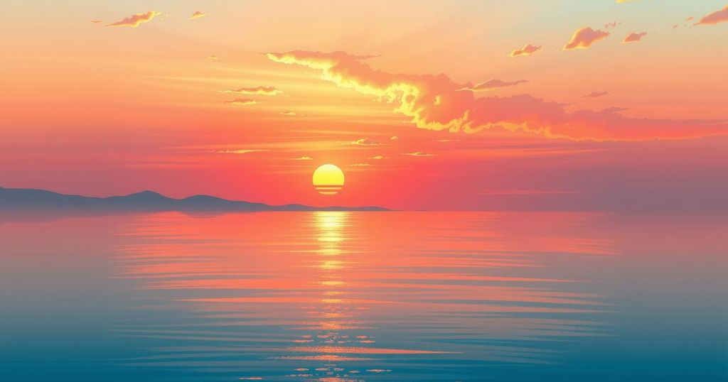 A serene landscape featuring a romantic sunset with soft hues of orange and pink, symbolizing new beginnings.