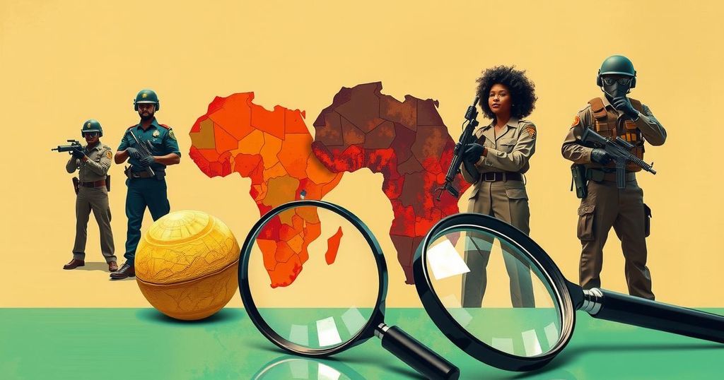 Illustration of coordinated police operations uncovering crime in West Africa with law enforcement symbols and flags.