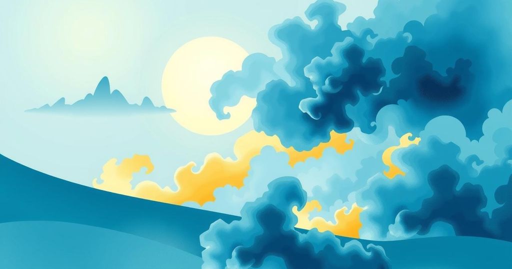 A blue and yellow abstract landscape symbolizing resilience and aid in conflict zones.