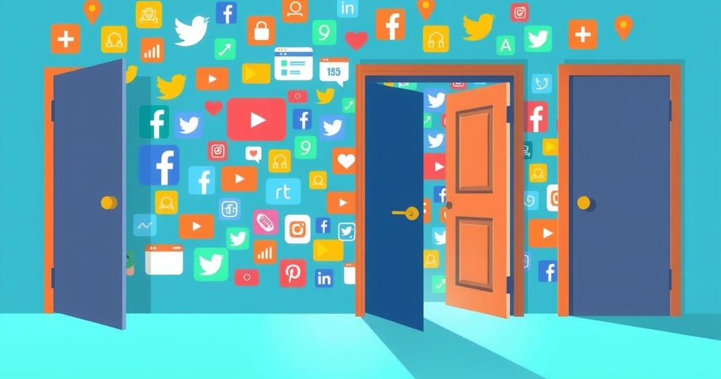 Illustration of a halted student visa process with symbolic open doors and a background of social media icons.