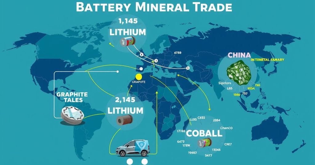 Graphic representation of global battery mineral trade dominance with emphasis on China and minerals used in batteries.