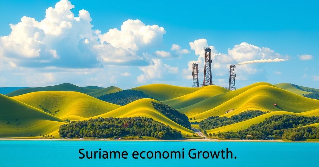 A serene landscape representing Suriname with lush greenery and oil rigs in the background, showcasing economic transformation.