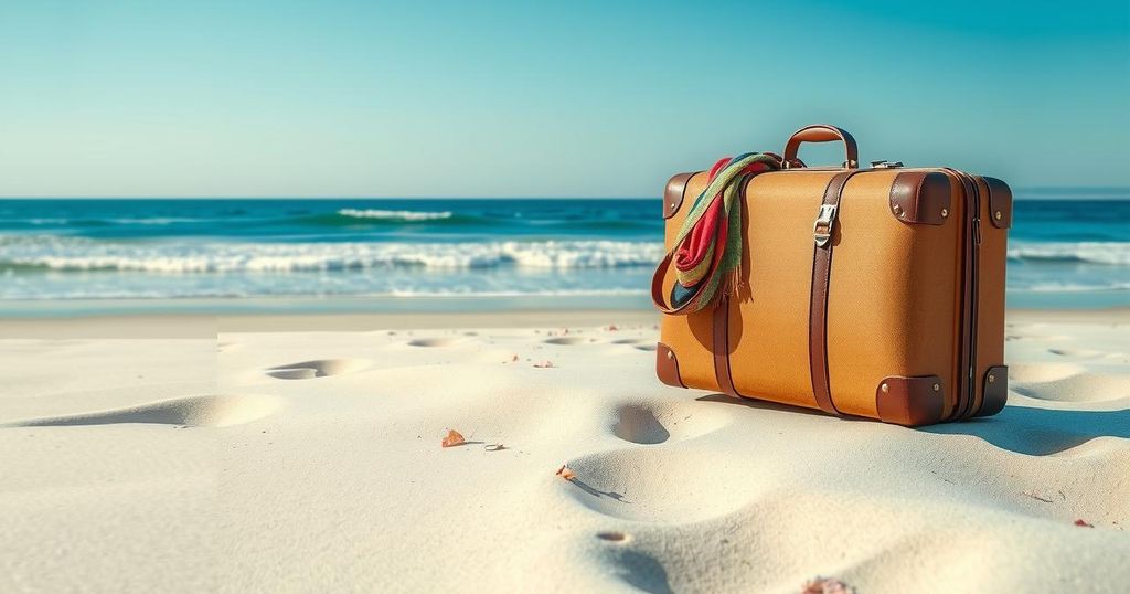 A serene landscape with luggage by a tranquil beach, under a clear blue sky, conveying a sense of calm and reflection.