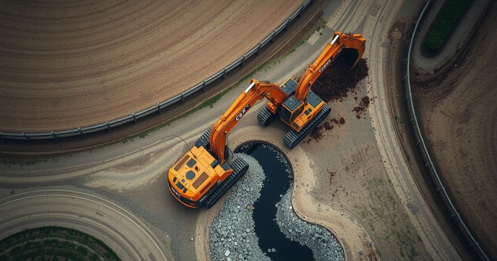 Excavator digging a trench on a poultry farm in Brazil during a disease control operation.