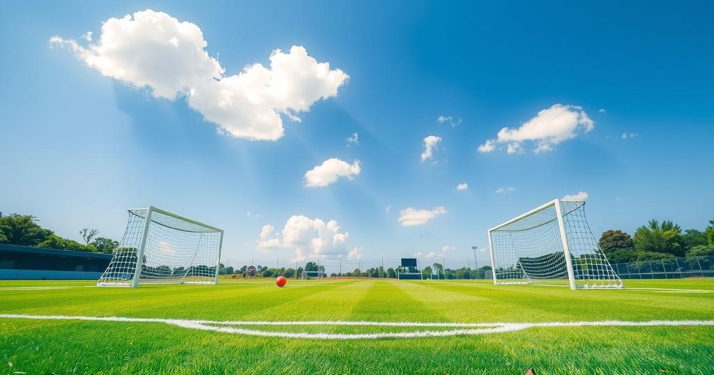 A soccer field with goals, surrounded by bright green grass under a blue sky, capturing a vibrant sports atmosphere.