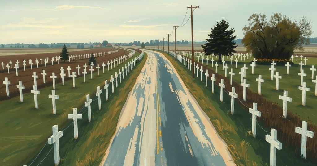 Aerial view of a rural road lined with white crosses representing a memorial in South Africa, featuring earthy tones.