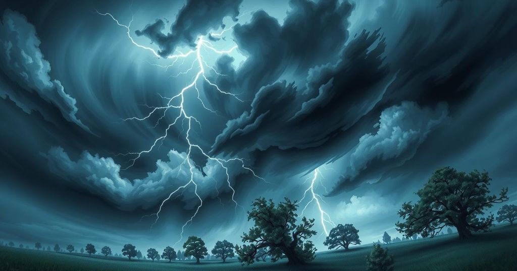 Severe thunderstorm scene with dark clouds, lightning, and trees swaying in high winds, depicting stormy weather conditions.