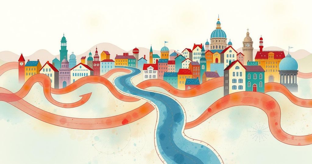 A symbolic representation of immigration with an abstract skyline and woven paths, reflecting journeys and resilience.