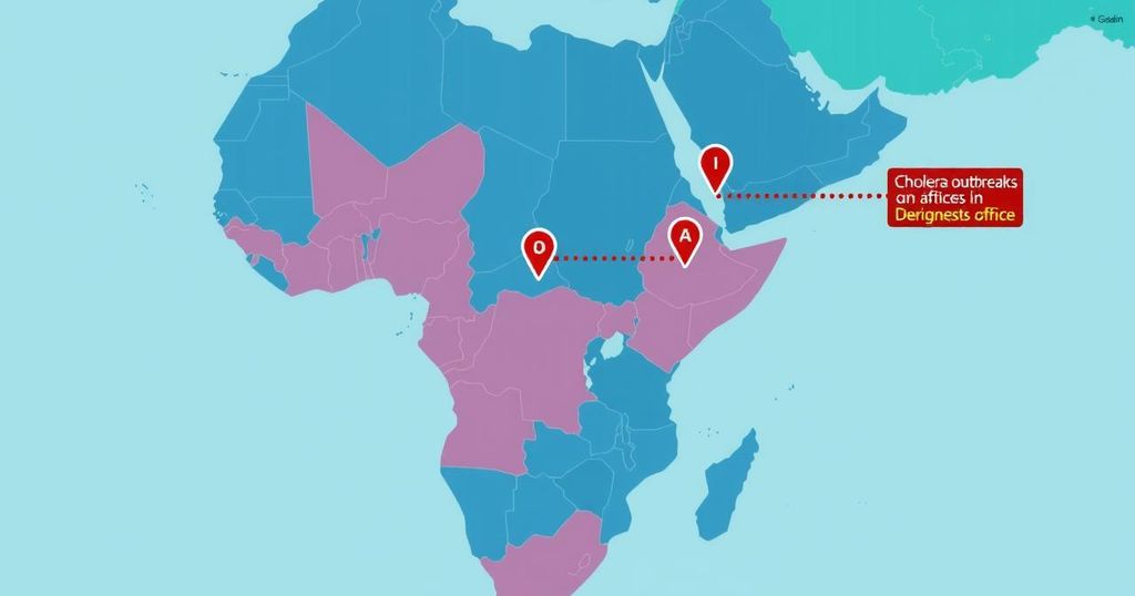 A map of Africa highlighting countries affected by cholera with red markers indicating severity.