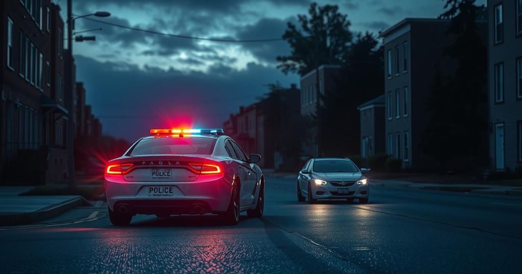 A scene depicting a police vehicle with flashing lights and a dark urban backdrop illustrating a crime apprehension.