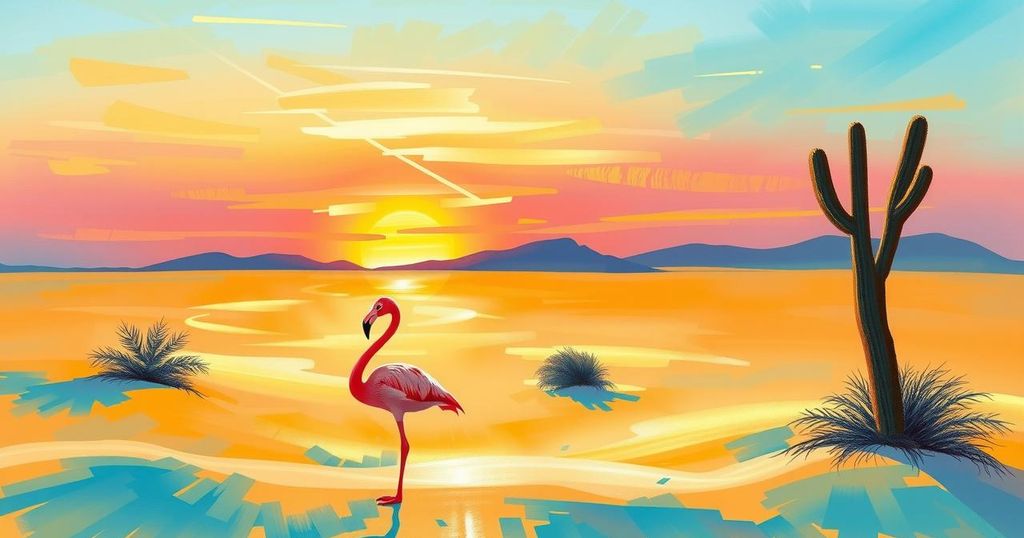 Desert landscape with a flamingo against a colorful sunrise sky, symbolizing mysterious themes.