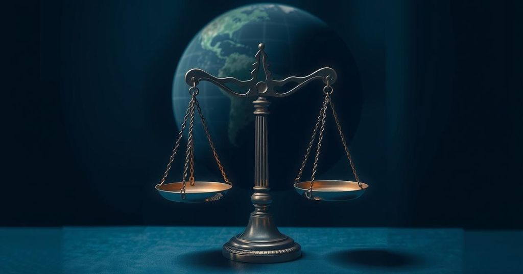 An abstract representation of justice balancing on a scale over a silhouetted globe, using dark blues and grays.
