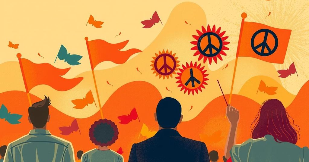 Eloquent rally with symbols of unity, strength, and peace, featuring warm color palette and modern artistic style.