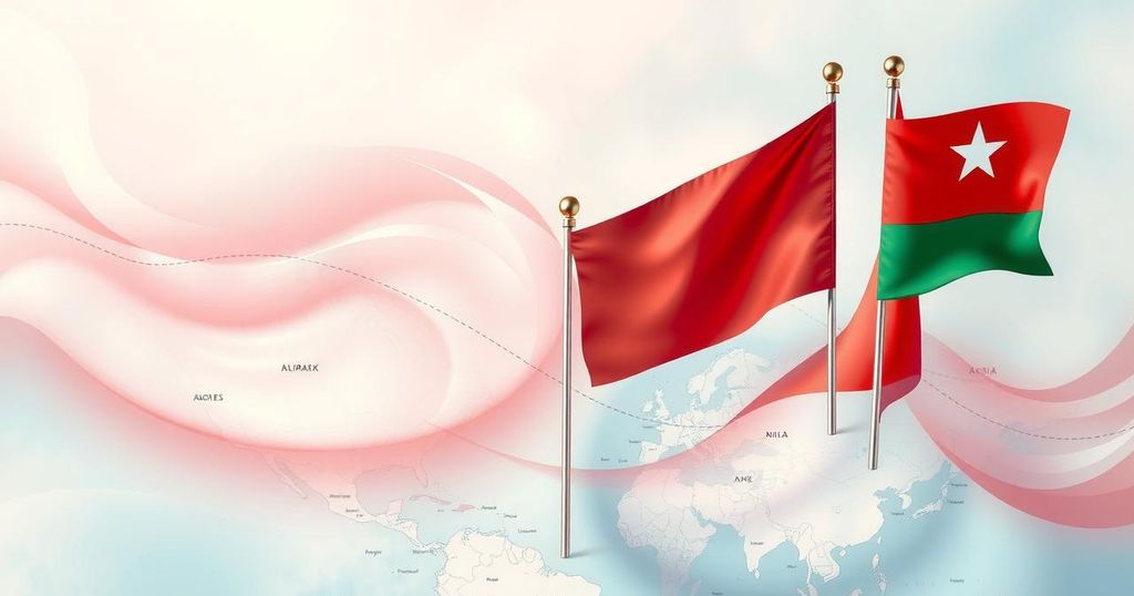 A political scene representing foreign relations, with maps, flags, and abstract symbols of diplomacy in soft colors.
