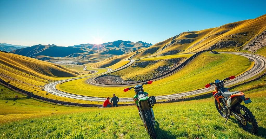 A serene motocross track surrounded by lush greenery, with motorbikes resting and bright skies above.