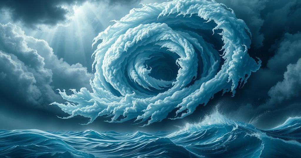 A swirling cyclone over the ocean with dramatic clouds, reflecting vibrant shades of blue and gray.