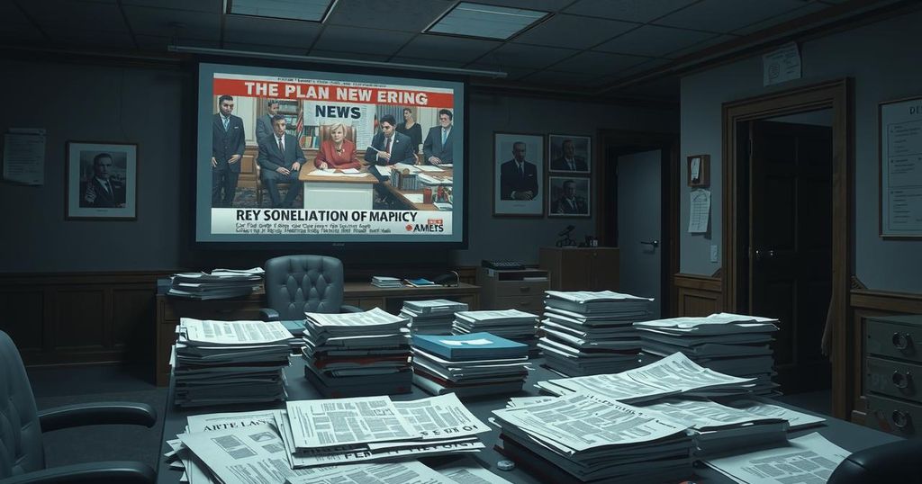 A tense meeting in a dimly lit office with a large screen and news clippings highlighting political tensions.