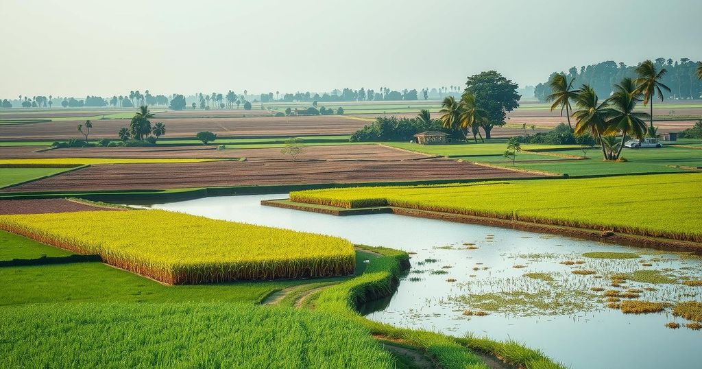 Landscape of Borno, Nigeria with fields and water bodies, depicting the rural life affected by conflict.
