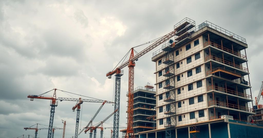 Construction site with machinery and equipment under a cloudy sky, depicting an industrial theme.