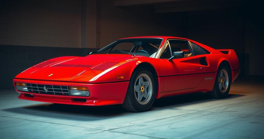 A red Ferrari 512 TR, representing Michael Jordan's iconic vehicle, in a garage setting, with a vintage style and warm colors.