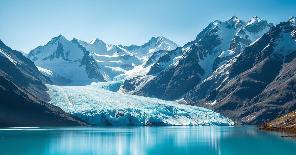A stunning Himalayan landscape featuring majestic glaciers and serene glacial lakes under a clear blue sky.