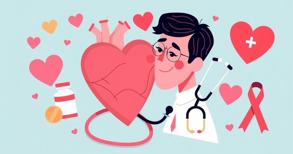 Couples' HIV treatment counseling session illustration featuring two hearts with supportive elements, pastel color scheme.