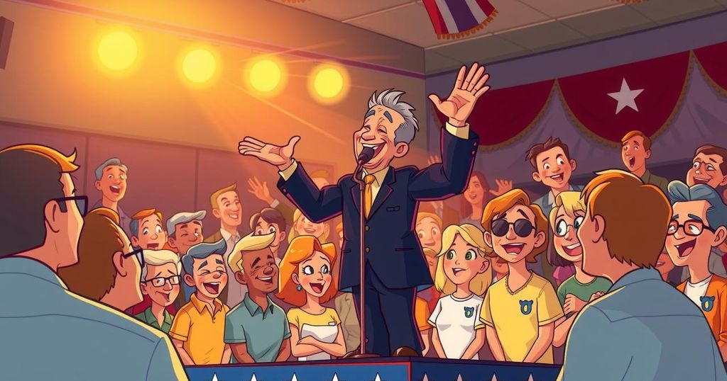 A whimsical cartoon of a laughing president on stage, with a colorful audience and dynamic lighting effects.