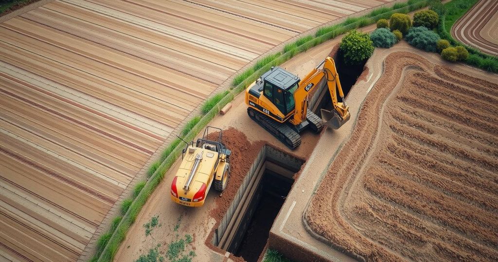 Aerial view of an excavator digging a trench on a farm, surrounded by agricultural land, in muted earth tones.