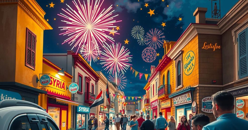 Vibrant celebration in Syria with festive fireworks, decorated streets, and joyful atmosphere after sanctions relief announcement.
