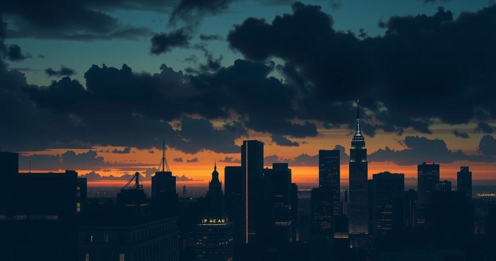 A city skyline during twilight, with dark clouds and subtle lights illuminating buildings, evoking intrigue and secrecy.