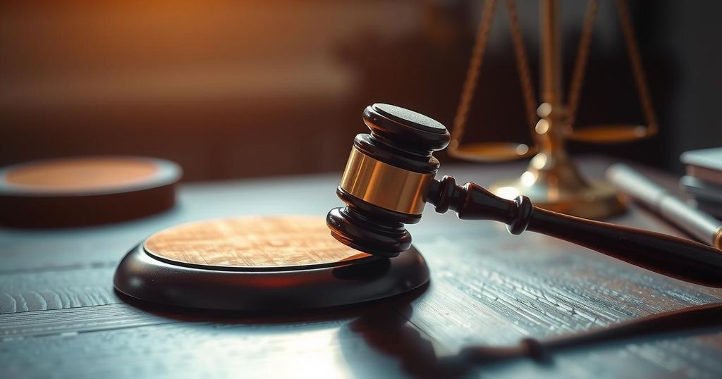 A gavel on a wooden desk symbolizing justice and legal proceedings, with soft lighting for dramatic effect.