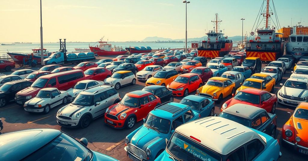 An array of colorful cars in a bustling port environment, symbolizing car imports to Kyrgyzstan.