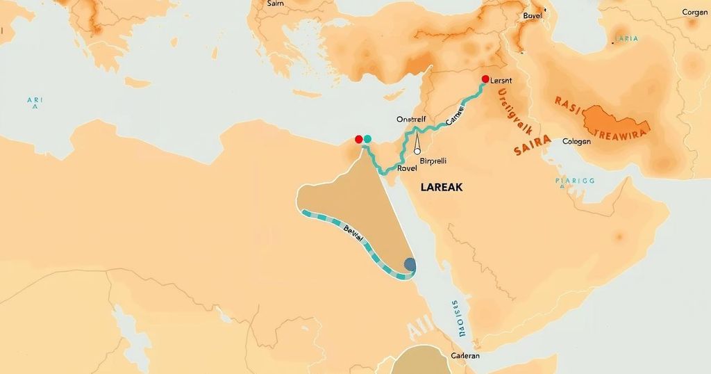 A stylized map illustrating potential land swaps in the Middle East with clear borders and natural features, in earth tones.