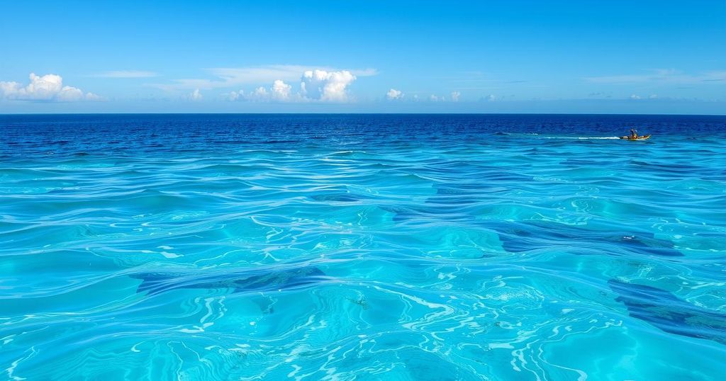 Calm tropical ocean scene depicting cooler water temperatures with gentle waves and clear blue skies.