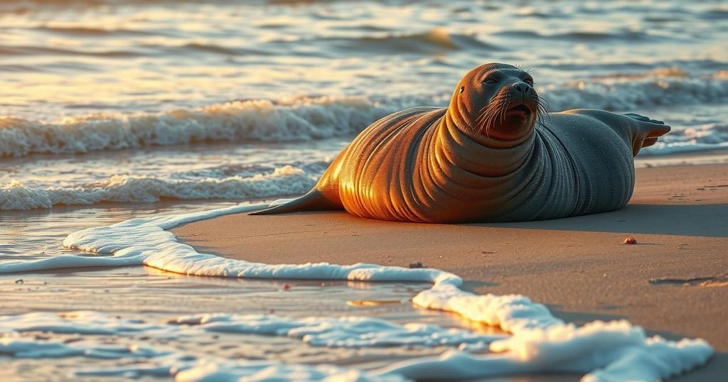 A serene coastal scene showing a large seal resting on soft sand under a golden sunset, basking in nature's beauty.