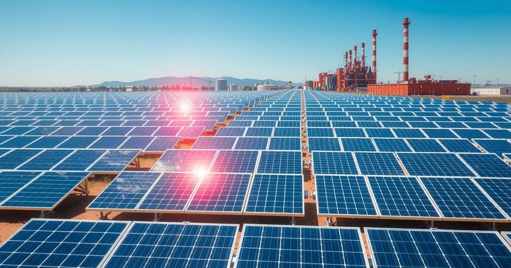 Solar panels mounted in a factory setting under bright sunshine, showcasing sustainable energy use in industrial zones.