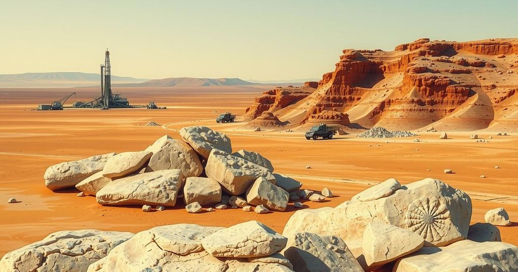 Desert landscape with mineral-rich rocks and drilling equipment showcasing uranium exploration in Namibia.