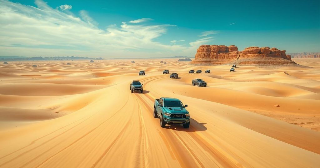Desert race scene with vehicles speeding through sandy terrain under a bright blue sky.